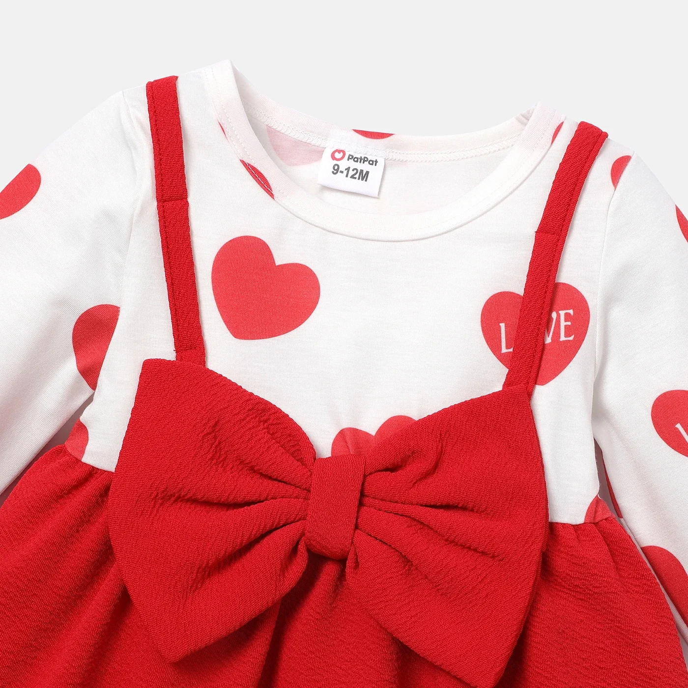 PatPat Baby Girl Bow Front Solid & Heart-print Naia™ Spliced Long-sleeve Dress Perfect for Outings and Daily Wear