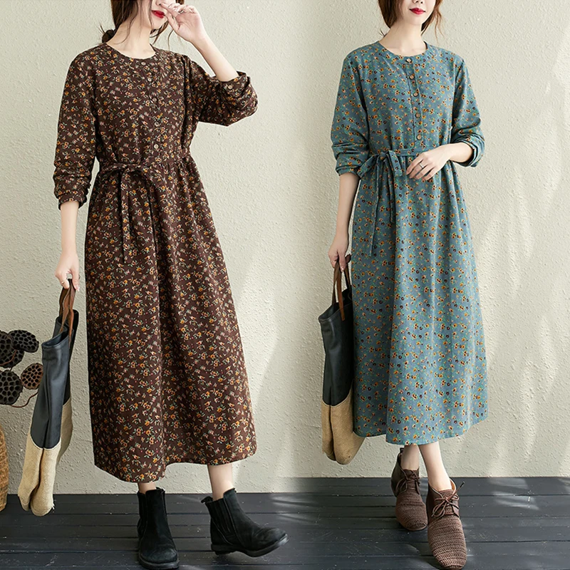 

Хлопково-льняное платье трапециевидной формы с цветочным принтом, большие размеры, женская одежда с поясом на талии, длинные пуговицы све, круглые, длинные, Dr