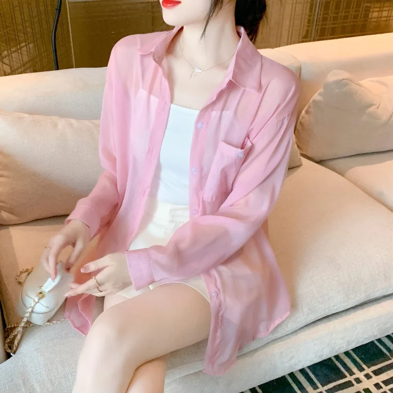 

2024 Summer New Micro Transparent Chiffon Shirt Women's Summer New Sunscreen Clothes Cardigan Coat Top Female Clothing