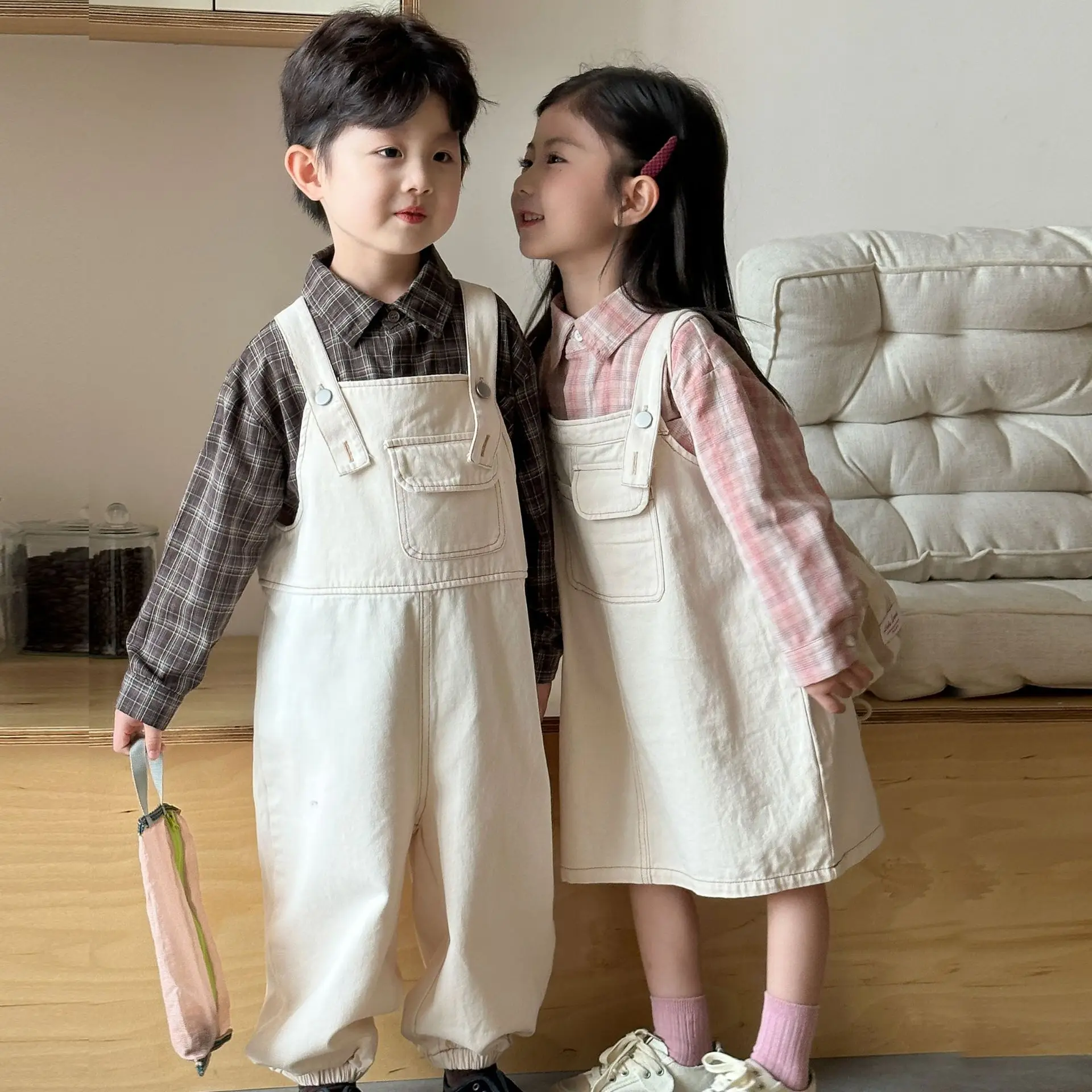 2025 Autumn New Children Overalls Cotton Boys Casual Trousers Baby Girls Solid Loose Strap Dress Kids Brother Sister Clothing