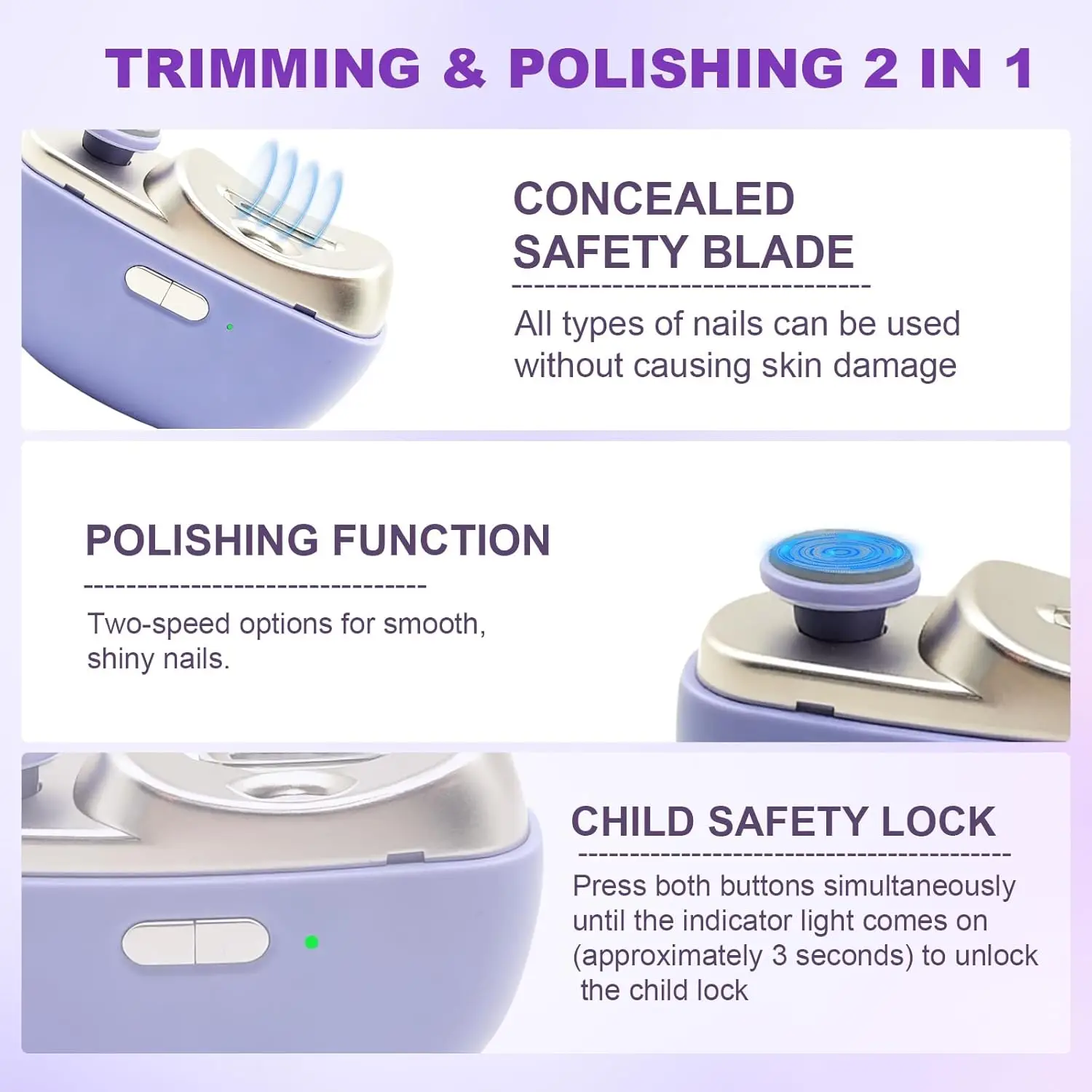LINMANDA Portable Auto Nail Trimmer 2in1 Clipper Polisher Low Noise LED Anti-Splash Rechargeable Manicure Tool Kids Adult Senior