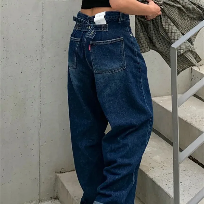 Casual High Waist Cross Back Denim Jeans Washed Loose Straight Leg Pants Korean Style Floor Length Trousers for Women