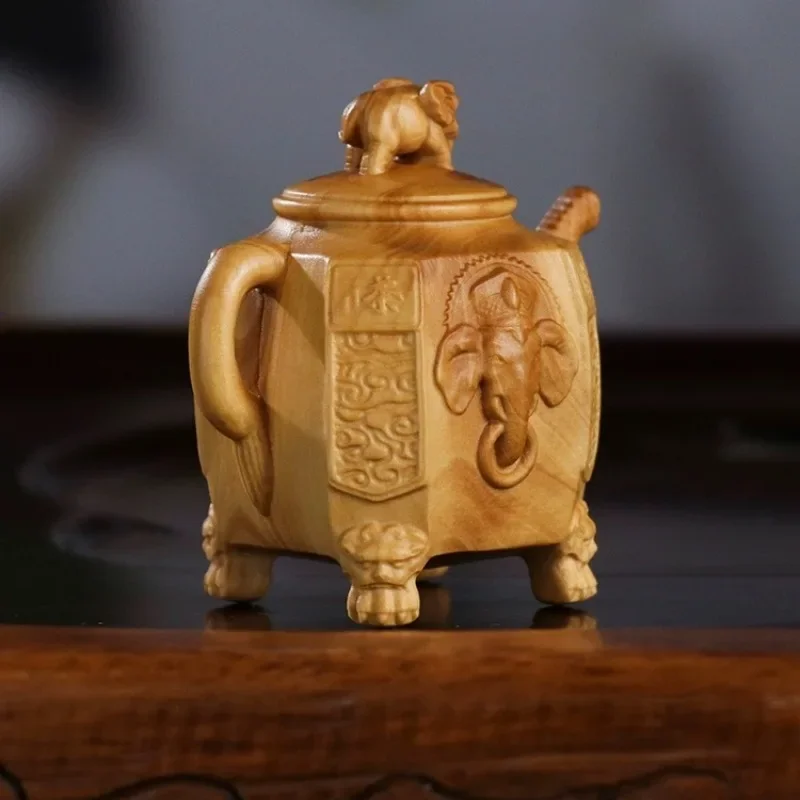 Small Leaf Boxwood Elephant Pot Decoration Whole Wood Integrated Carved Teapot Elephant Pot Desktop Tea Ornaments Chinese Style