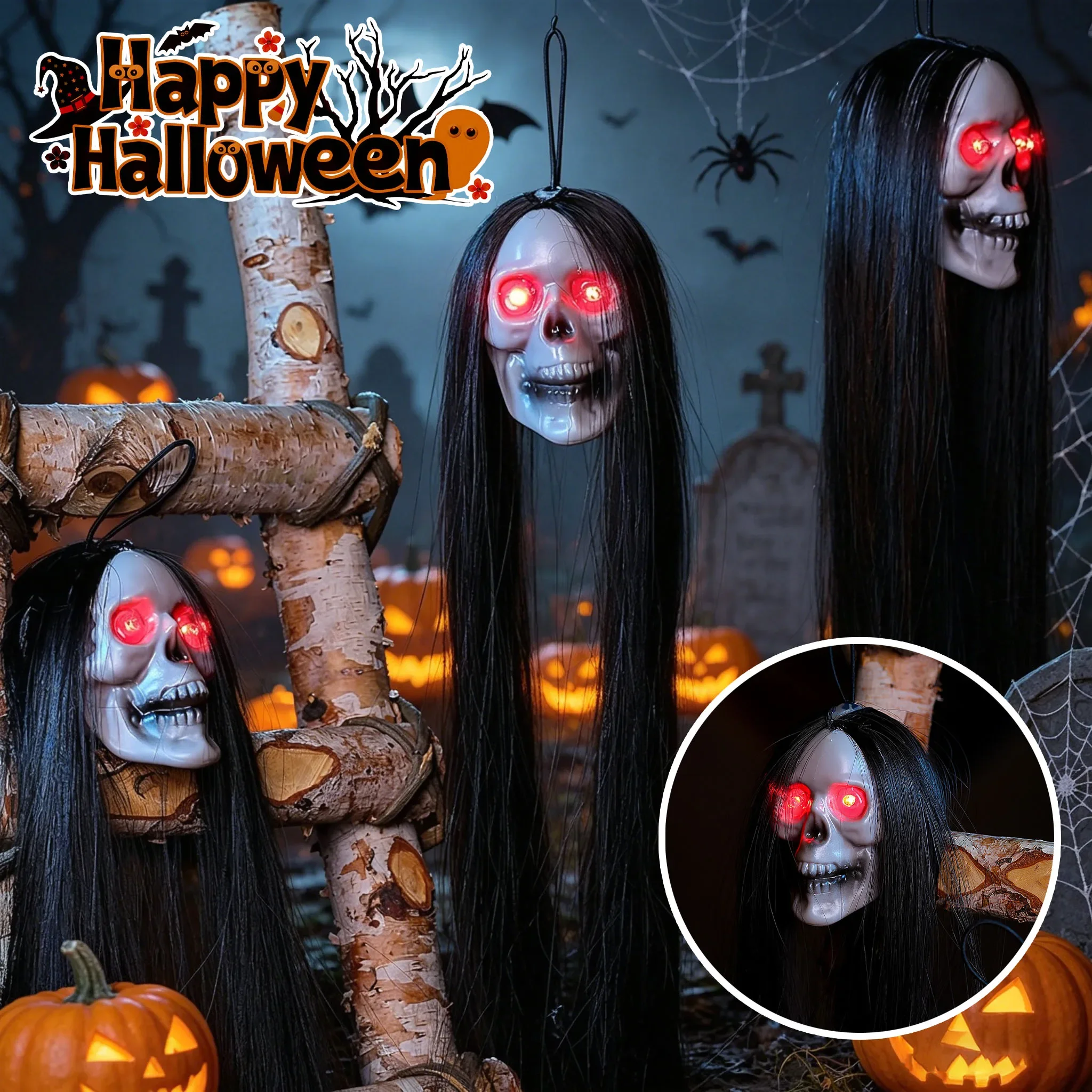 Indoor Spooky Glowing Long Haired Ghost Head Hanging Halloween Decoration Prop for Haunted Attraction Escape Room Scene Decor