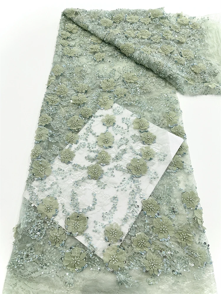 ナイジェリア 2025 新しい美容スカイブルーチュールレース生地パールビーズ高品質アフリカスパンコールフレンチウェディングドレス用