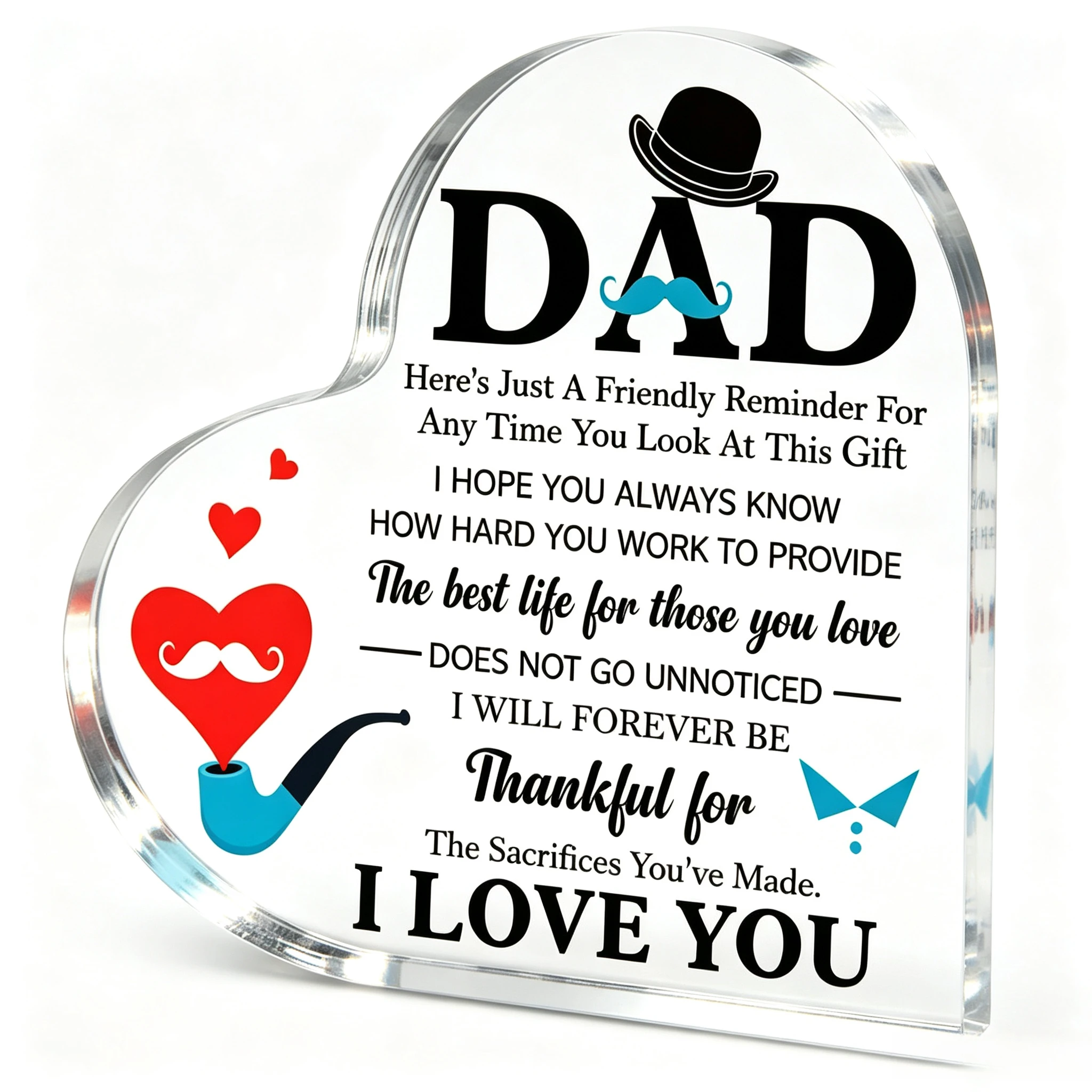 DAD Heart‑Shaped Acrylic Tabletop Plaque, Mustache Pipe Bow Tie Father Appreciation Desk Decor