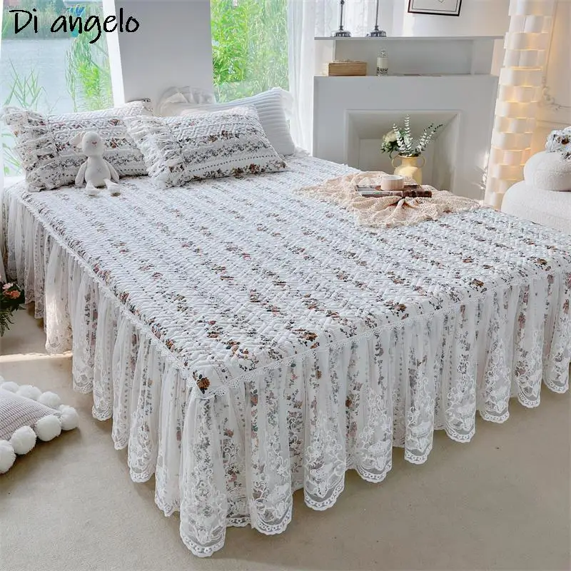 Embroidery Cotton Lace Thickened Quilting Bed Skirt Bedspread Pillowcase Mattress Cover Double 180x200cm Home Textile 1PC #/
