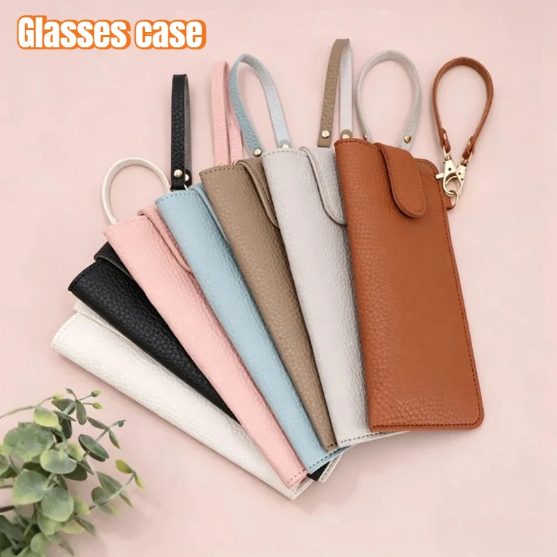 Portable Soft PU Leather Glasses Bag Flip Closure Litchi Texture with Hand Strap Anti‑scratch Eyewear Pouch for Glasses Daily