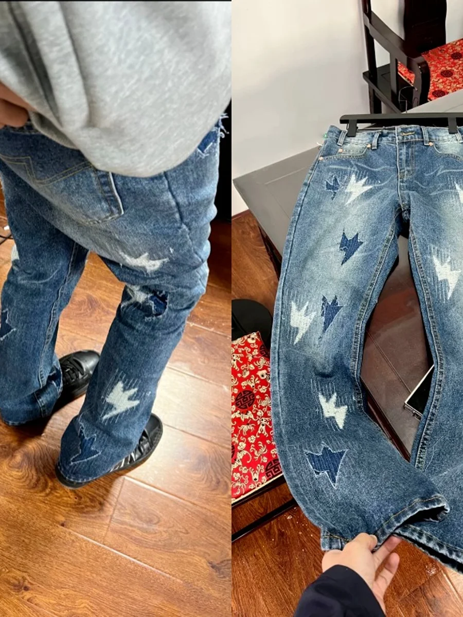 

Новые американские мужские джинсы в стиле High Street: свободные, повседневные, прямого кроя, длинные брюки с эффектом потертости, модный бренд