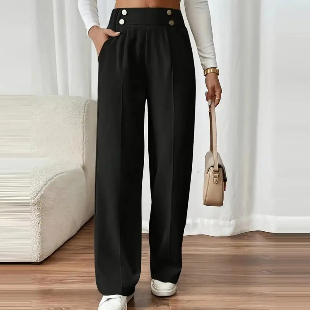 Calças de lazer femininas elásticas cintura alta cor sólida calças compridas com bolsos em linha reta perna larga deslocamento trabalho calças casuais