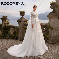 RODDRSYA Customized High Neck Long Sleeve Flowers Wedding Dresses 2025 Appliques Lace Vestido De Noiva Princess Wedding Gowns