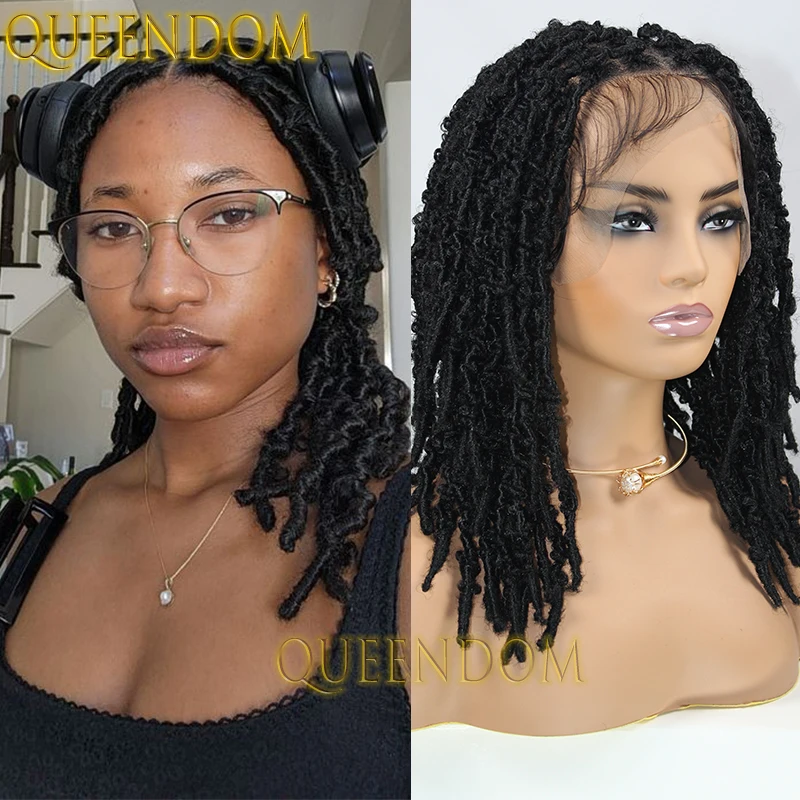 DistMurcia-Perruque tressée en dentelle synthétique, 16 pouces, tresses dreadlock bouclées, sans nœuds, courtes, papillon