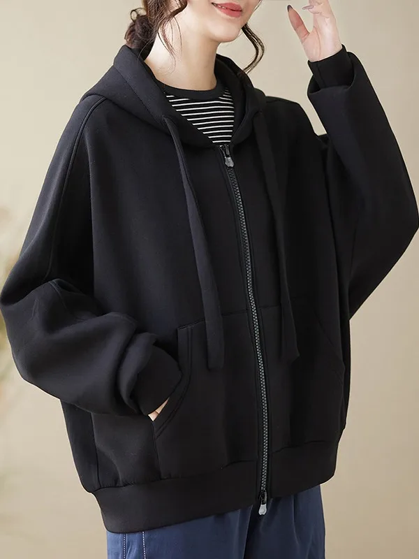 Casual Hooded Zipper Sweatirt plus Size Women's Faion Slimming Age-Defng Versatile Simple Open Cardigan for Autumn Winter