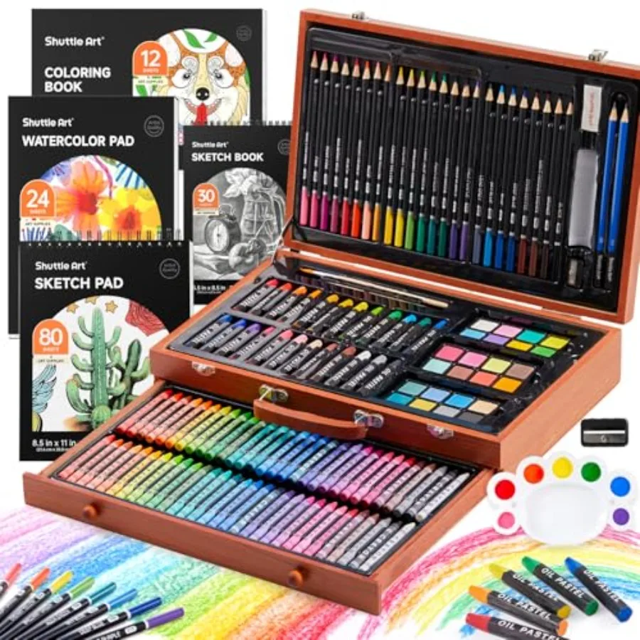 

Deluxe Art Art Supplies in Wooden Case Painting Drawing Art Kit with Crayons Colored Pencils Oil Pastels Watercolor Cakes Color