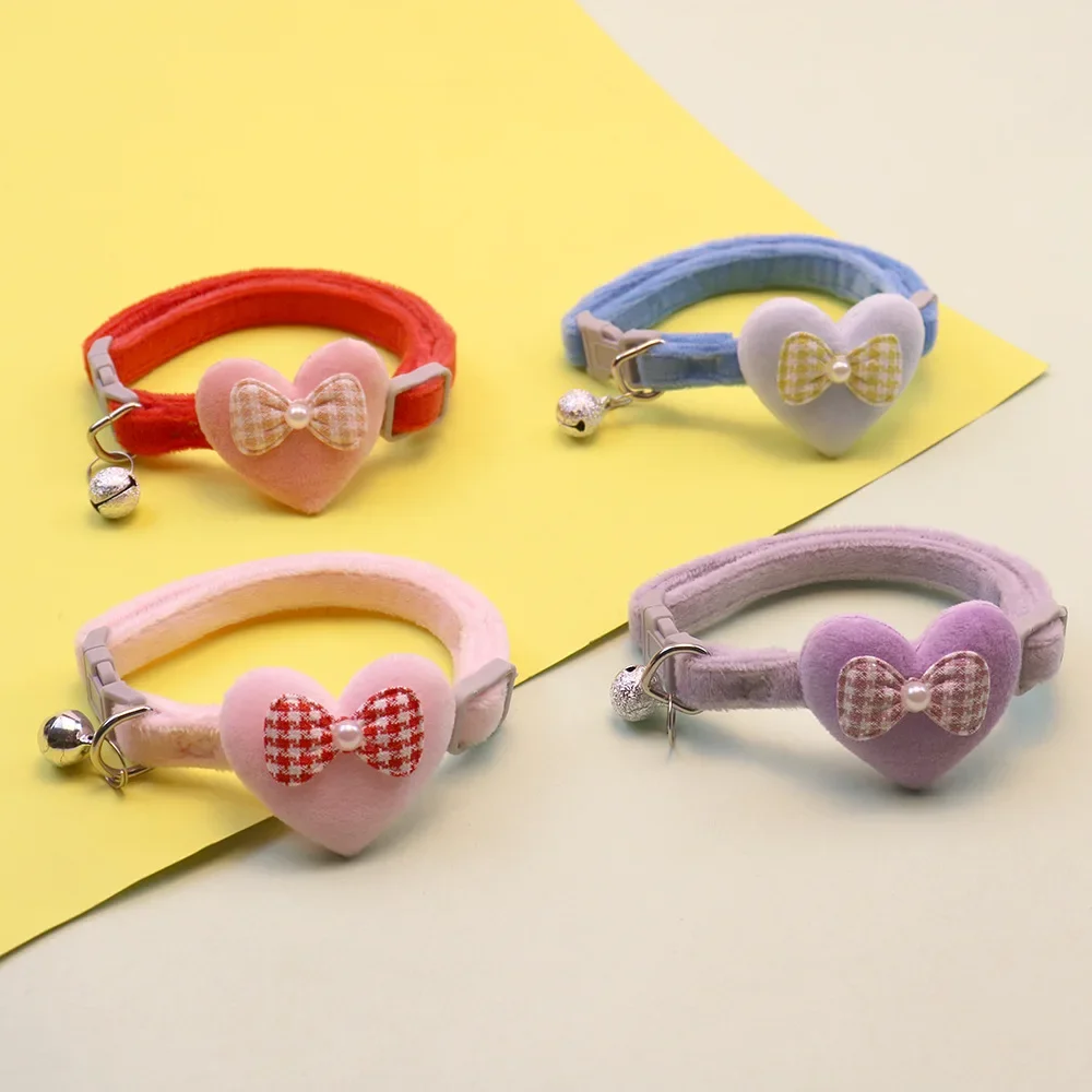 Cute Cat Collar Heart Bow and Bell Cat Ornaments Macaron Color Soft Velvet Adjustable Neck Strap Collar 6 Colors Pet Accessories