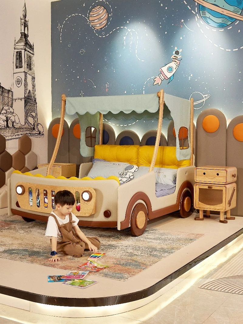 Solid wood children's bed car bed creative with guardrail bedroom boys sports car tent tree house bed