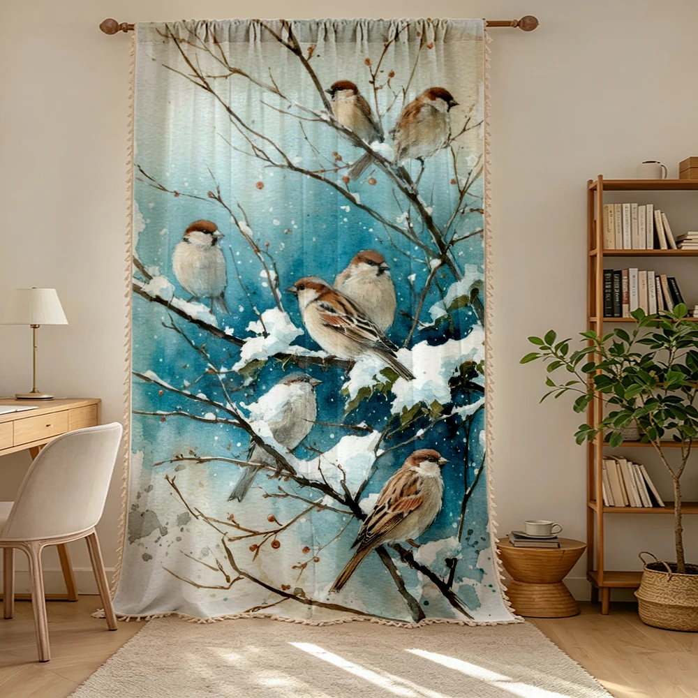 1PC Winter Tassel Sheer Curtains, Sparrow Snowy Branch Watercolor Pattern, Digital Print, Linen Polyester, Bedroom Home Decor