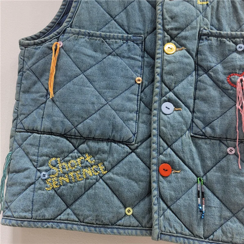 HKSH Autunno Inverno Nuove donne gilet caldo scollo a V monopetto lettera ricamata giacca imbottita in cotone denim alla moda HK13764