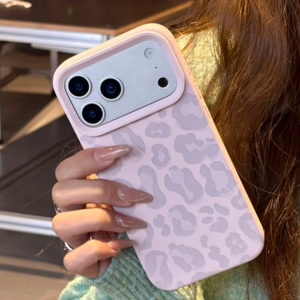 For iPhone 17 16 15 14 13 12 17 Pro Max Case Pink Leopard Print Lichee Pattern Silicone Cover For IPhone 14 15 16 Fundas