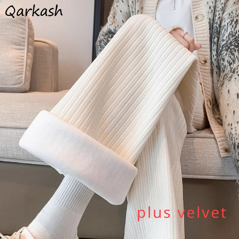 

Pants Women Winter High Waist Plus Velvet Thicker Keep Warm Straight Trouser Casual Loose Mujer Simple Full Length Streetwear