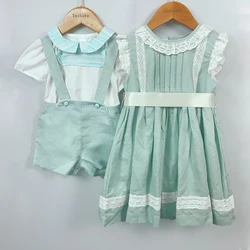 Summer Boys Girls Blue Green Cotton Linen Overalls Boys Sets Pure Cotton Girls Dress Lace High-end Custom Sister Brother Outfit