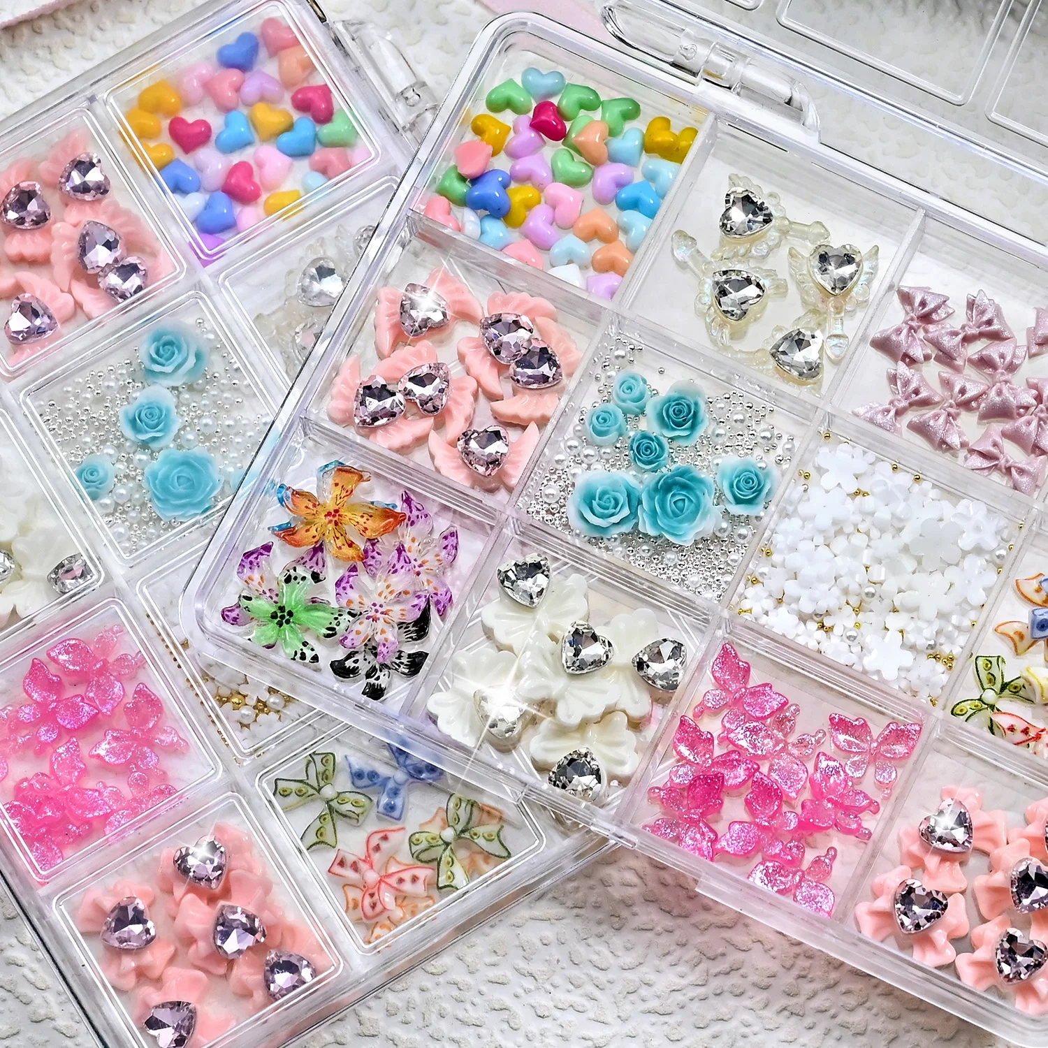 12Grid 3D Kawaii Flower Nail Art Charms Y2K Cute Macaron Color Resin Heart Bow Rose Butterfly Gems Nail Decorations DIY Manicure