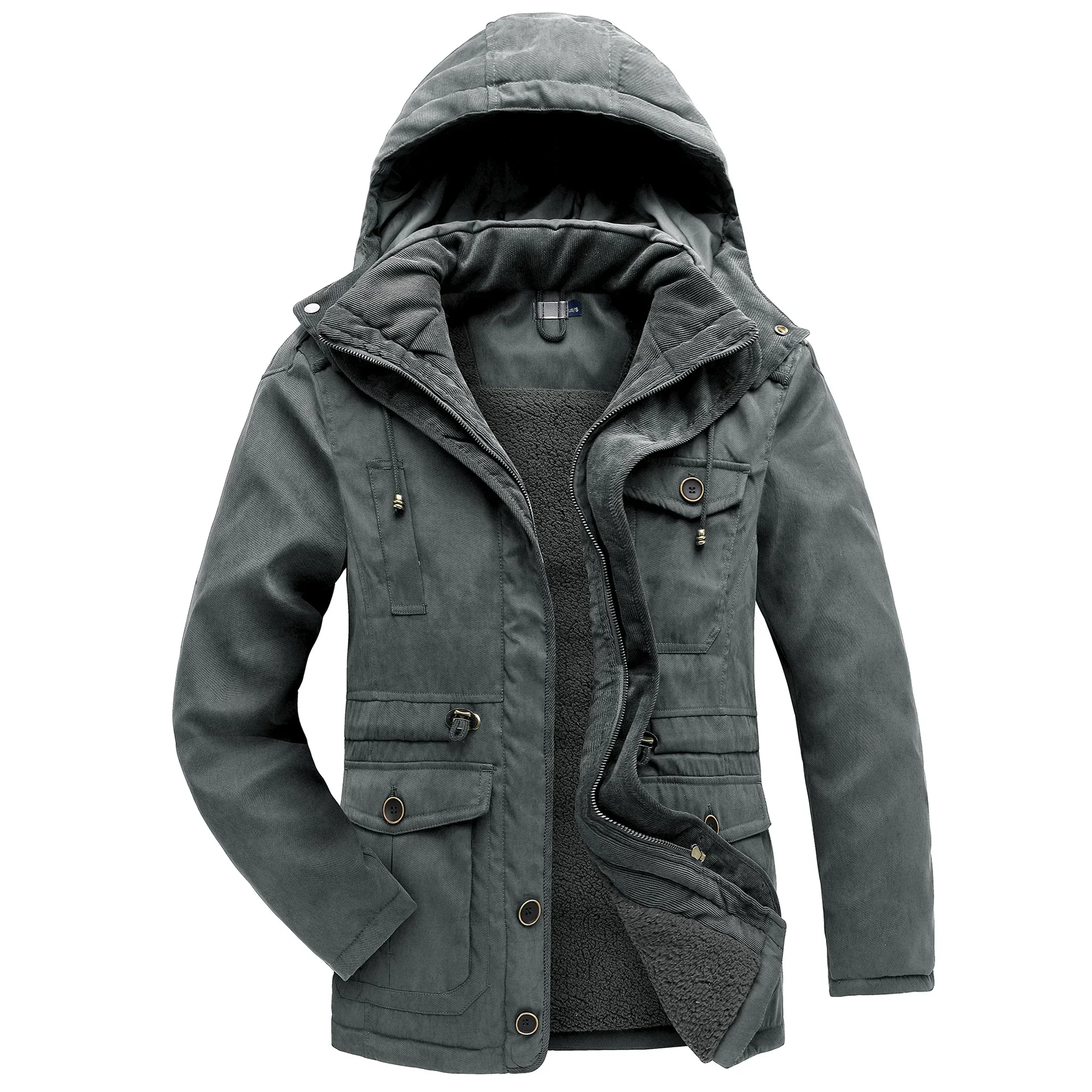 Jaqueta de parka forrado com lã masculina, casacos quentes grossos, gola de pele com capuz, casaco de pelúcia masculino, roupas novas, outono e inverno