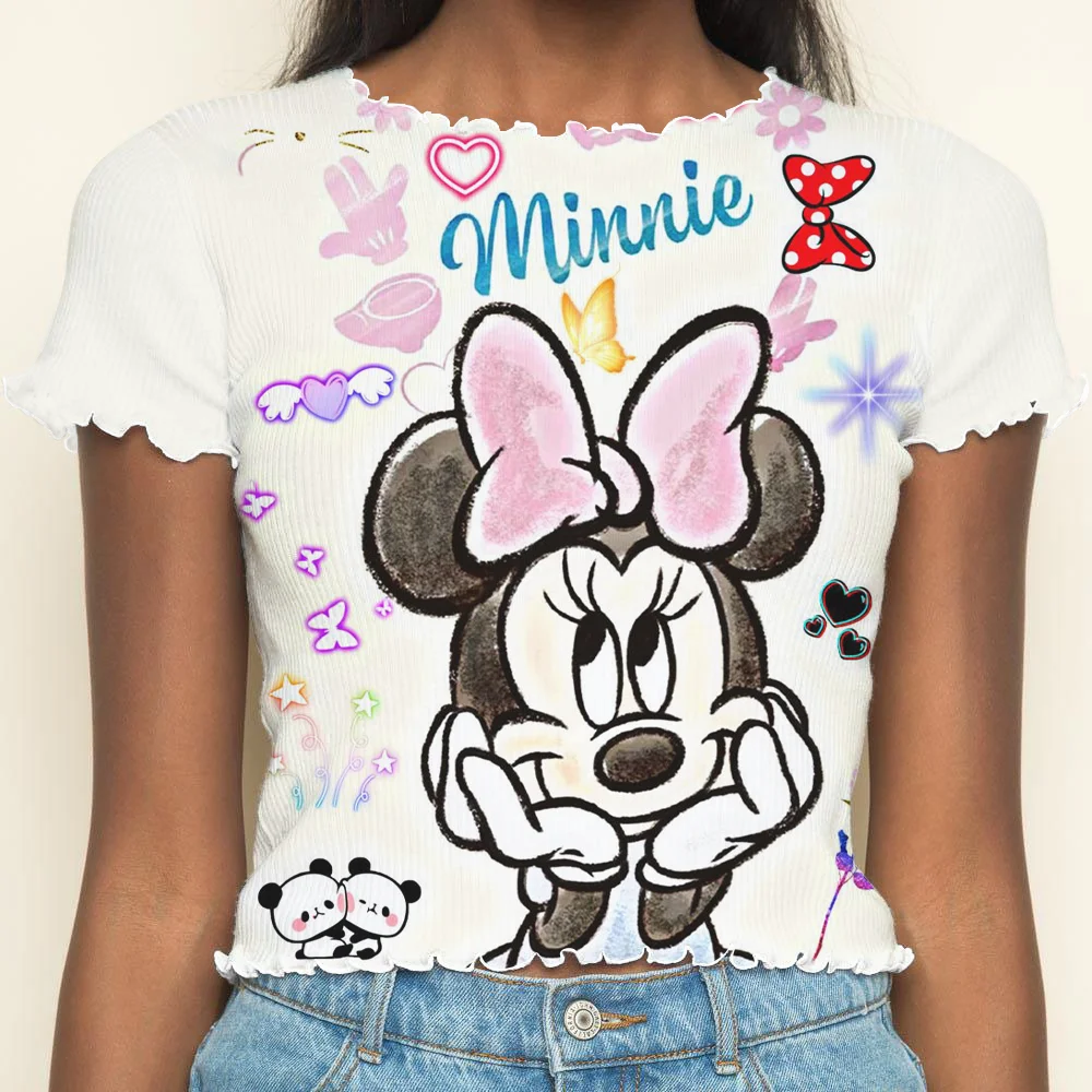 Lettuce Trim Woman Clothing Disney T-shirt Crop Tops Sexys T-shirts Summer Clothes Women 2024 Minnie Mouse Short Sleeve Top Tees