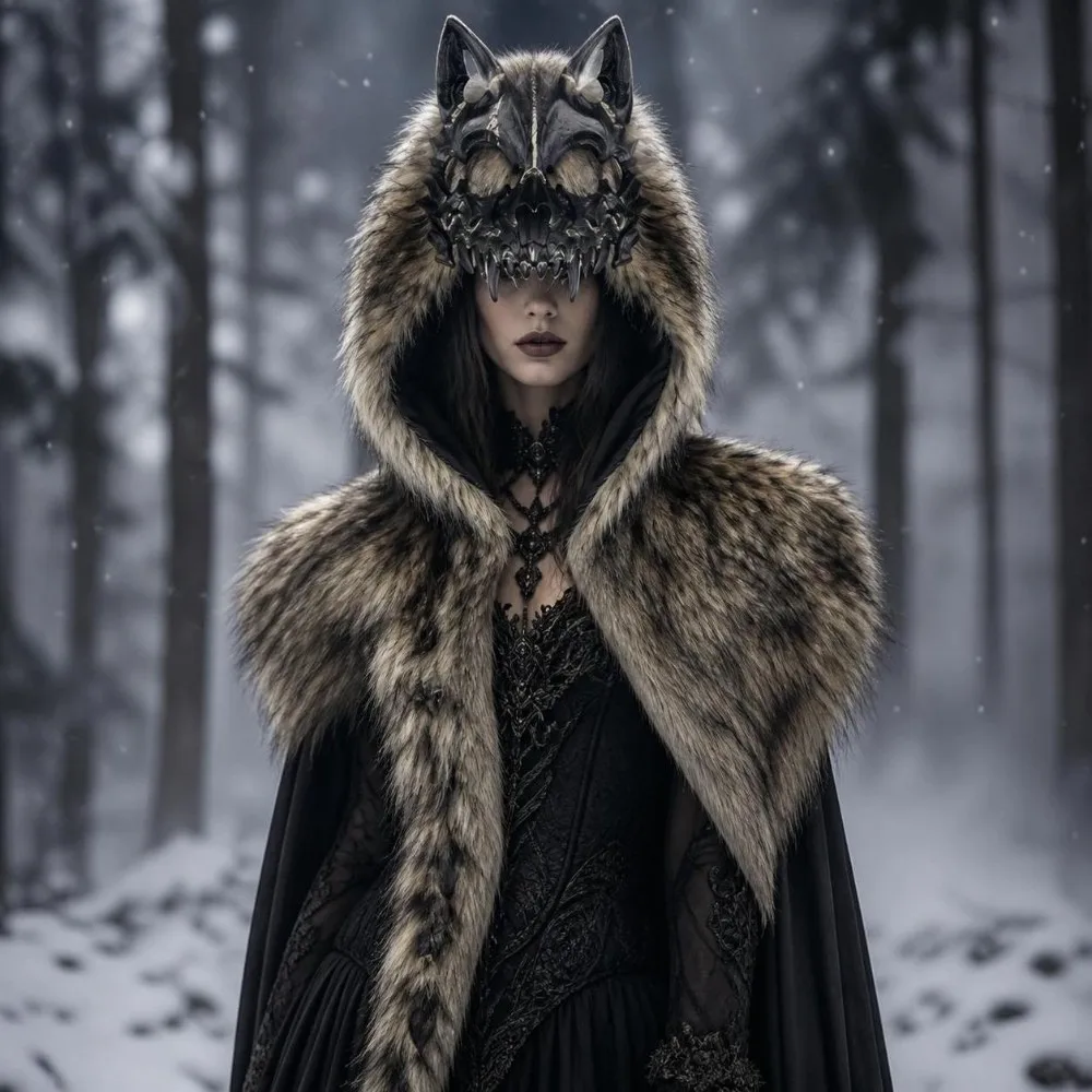 Furry Wolf Skull Hood Medieval Style Vintage Shoulder Cloak Headdress Viking Costume Halloween Headgear Stage Performance