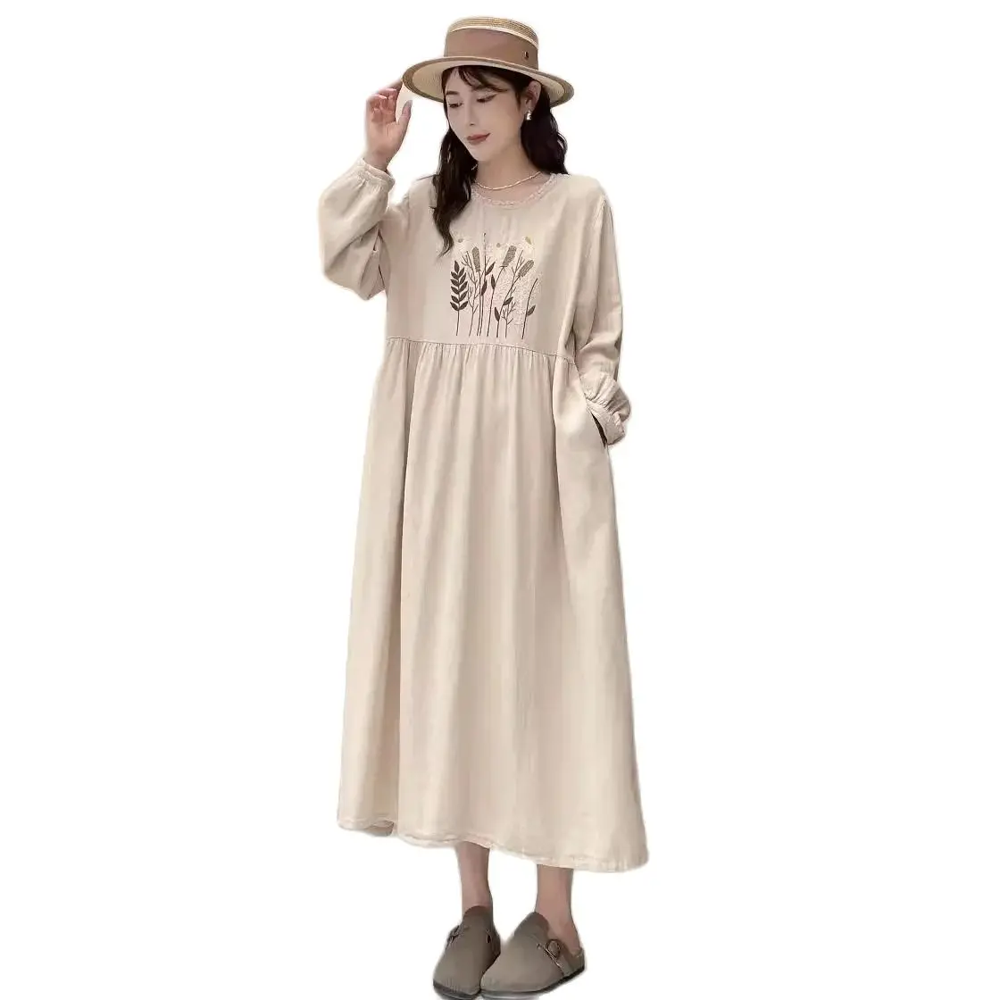 New Summer Cotton Linen Long Sleeve Dresses, Woman O Neck Embroidery, Mori Girl Sweet Loose Vintage Dress, 2024 Fall D476133QC