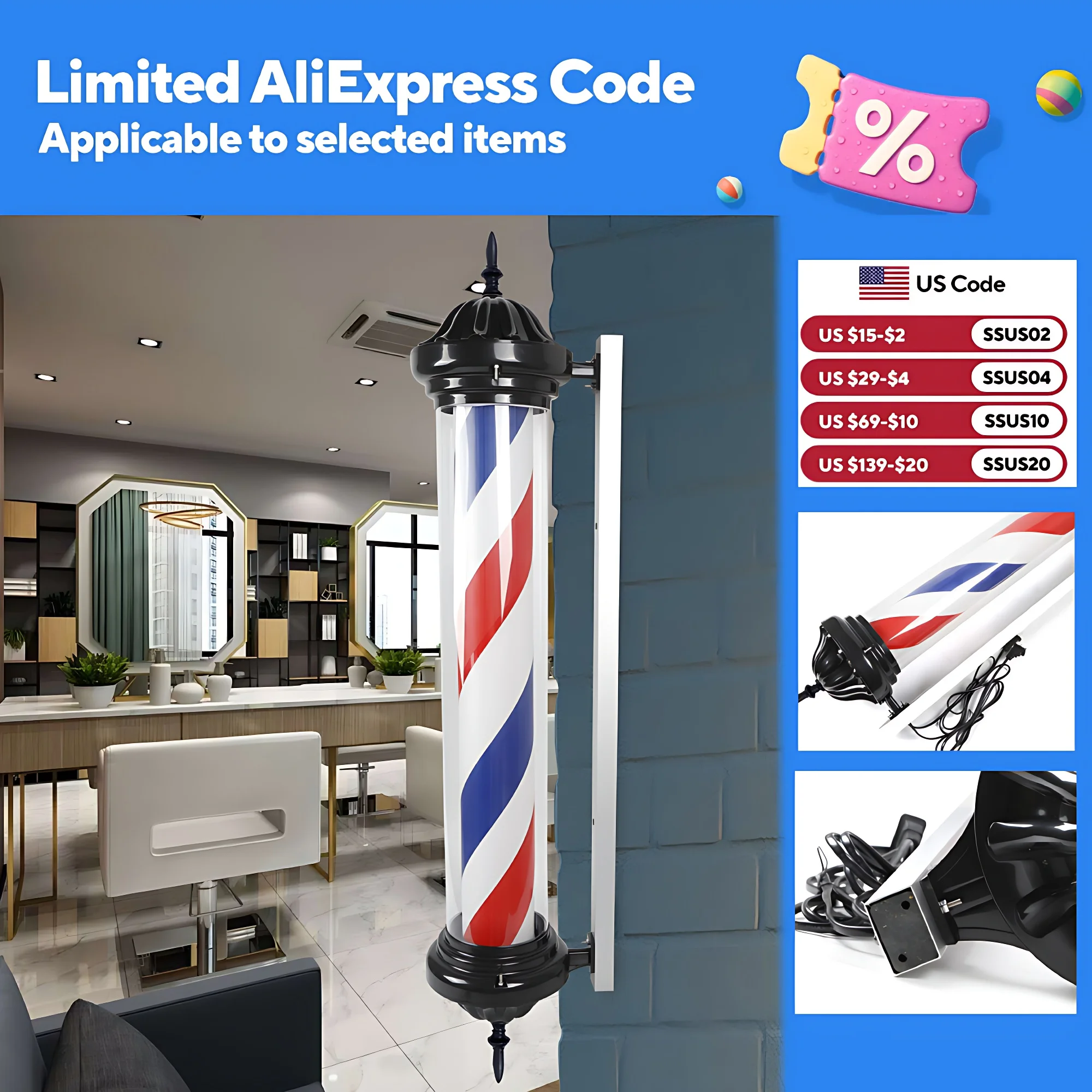 

Rotating barber light, red, blue, white design, 105° beam angle, 15000K light, aluminum construction, easy installation for salo