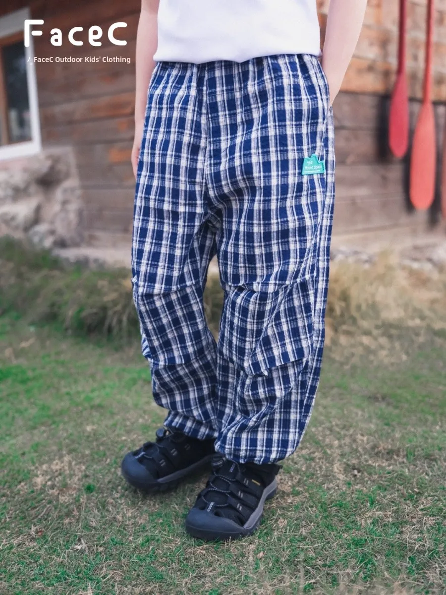 

Mosquito-Resistant Breathable Light Checkered Trousers for Girls Summer Outdoor Style Elastic Waist Baggy Pants Children's Cl...