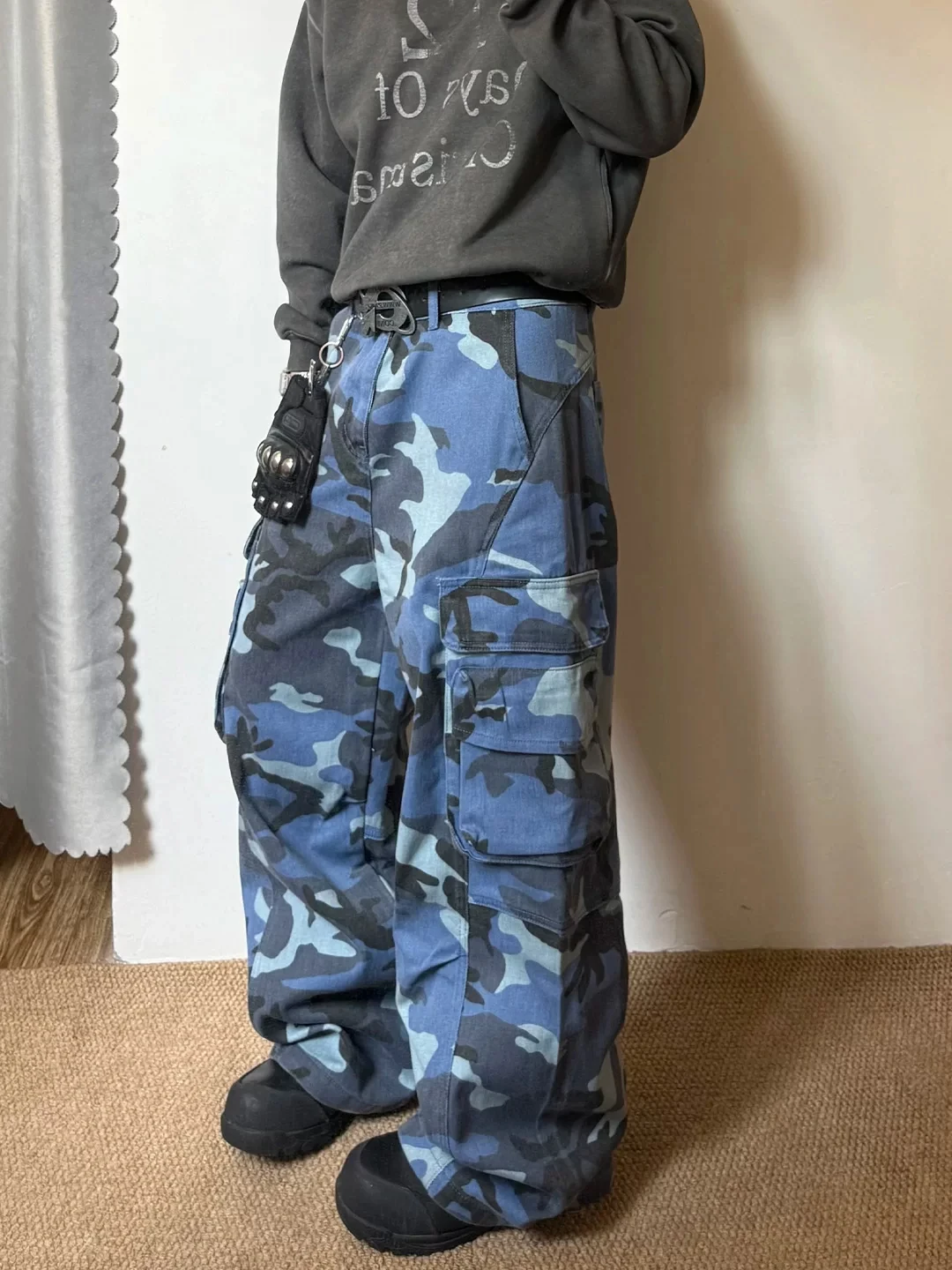 Men's Camouflage Denim Jeans Spring Autumn Loose Wide Leg Workwear Long Pants Multiple Pockets Sea Blue Deconstructed Street ...