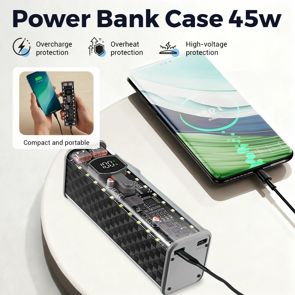 8x18650 قوة البنك حالة PD 22.5 واط 45 واط شحن سريع شاشة LED شفافة حافظة بطاريات صندوق USB + منفذ Type-C للهواتف الذكية #5