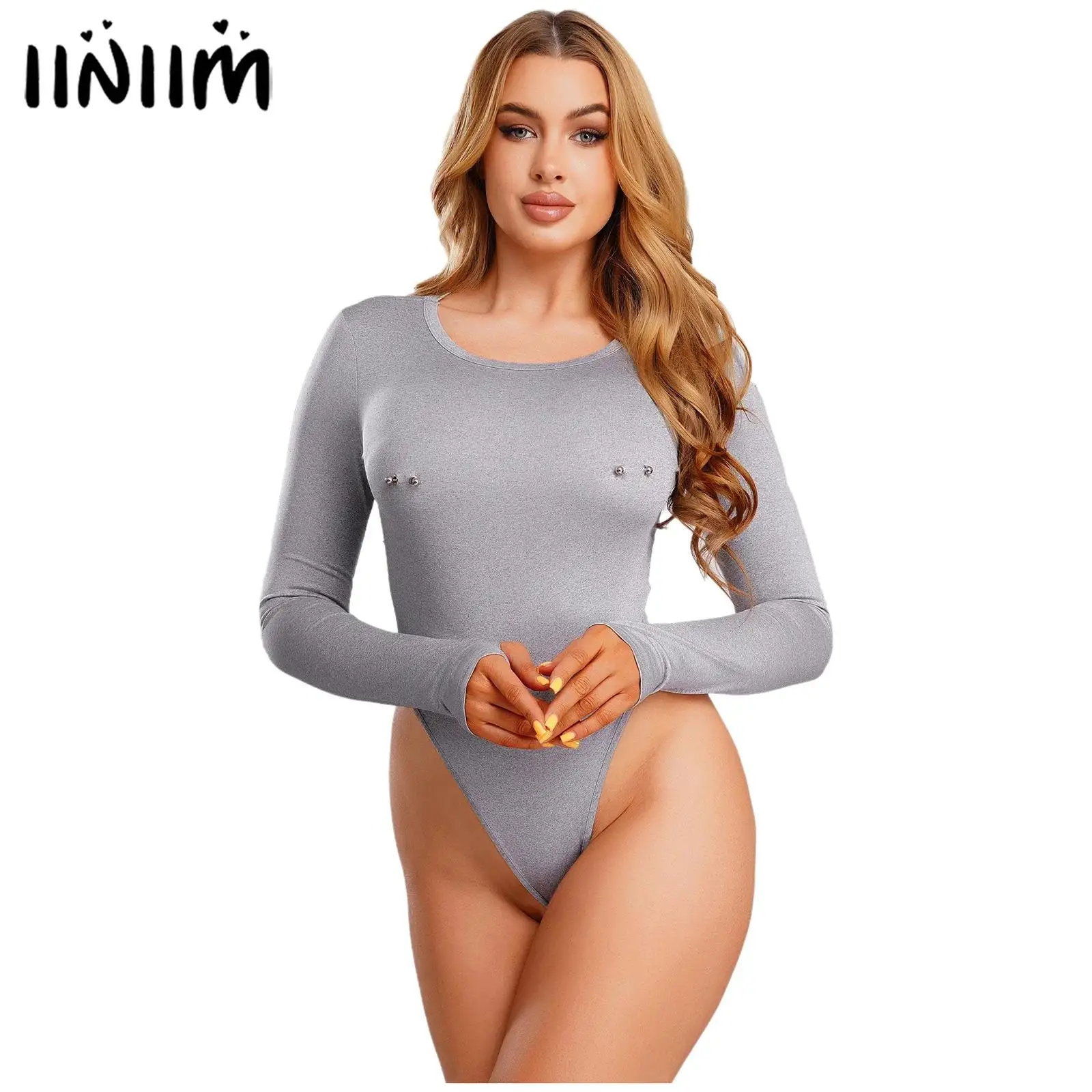 

Womens Form-fitting Bodysuit with Metal Decorative Studs Basic Body Tops Long Sleeve High-cutting Openable Crotch Jumpsuit