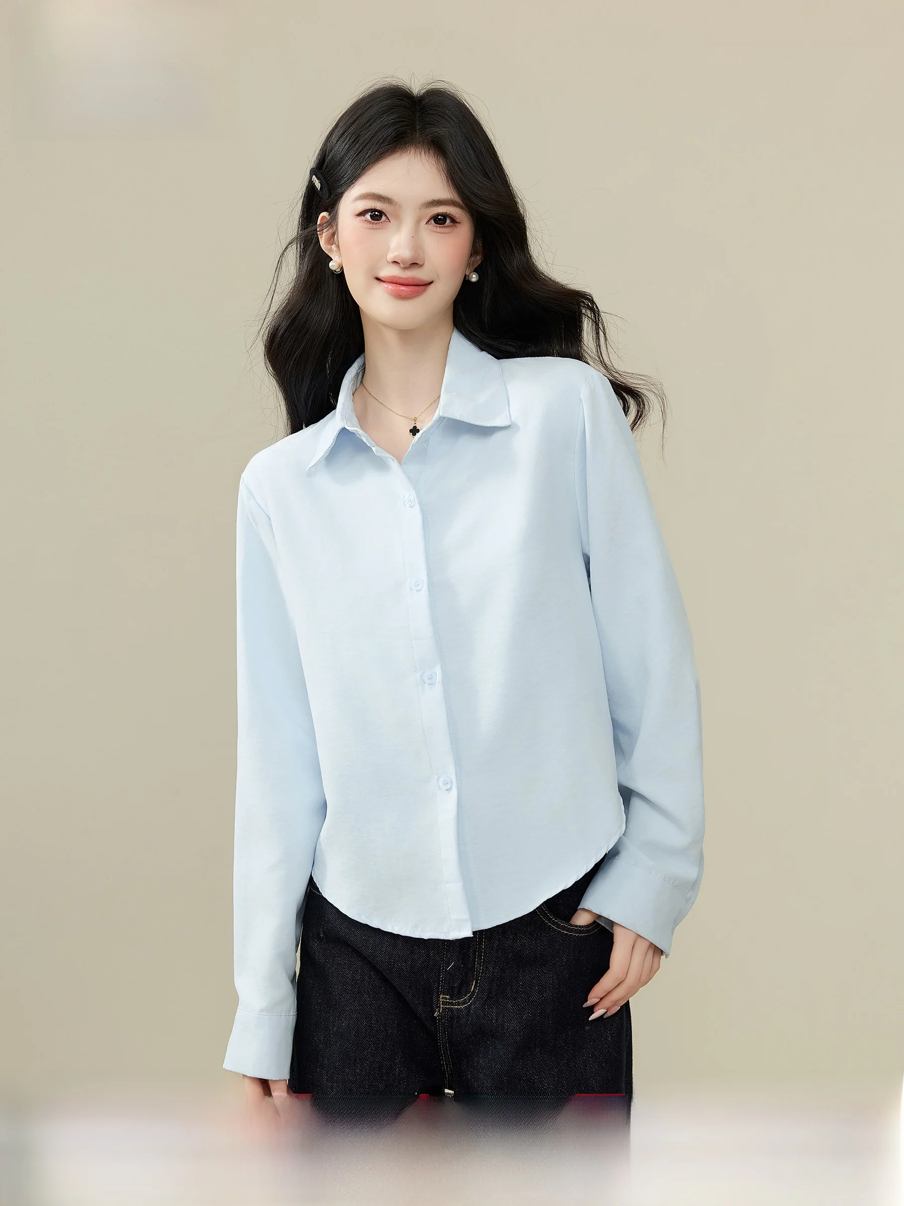 

Blue Shirt Lightweight Reside Small Size Women's Design Sense Commute Spring Shirt Suit Inner Wear Top Cute Style Polyester F...