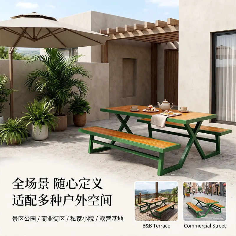 Outdoor courtyard metal long table and chair combination indoor public leisure garden one-piece dining table and chair park land