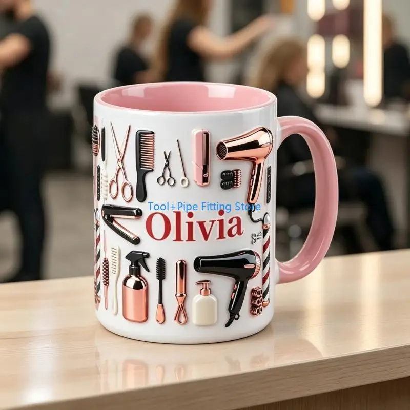 F92B Delicate Pink Barber Inspired Ceramic Cup With Spacious Handle Elegant Hair Studio Cup For Easy Holding And Sipping