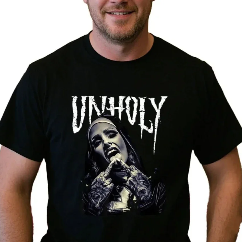 Funny Nun Tattoos Unholy Gothic Evil Anti-Christ Vintage Men's Black T-Shirt Summer Tee Tops Streetwear Graphic Cotton Shirt