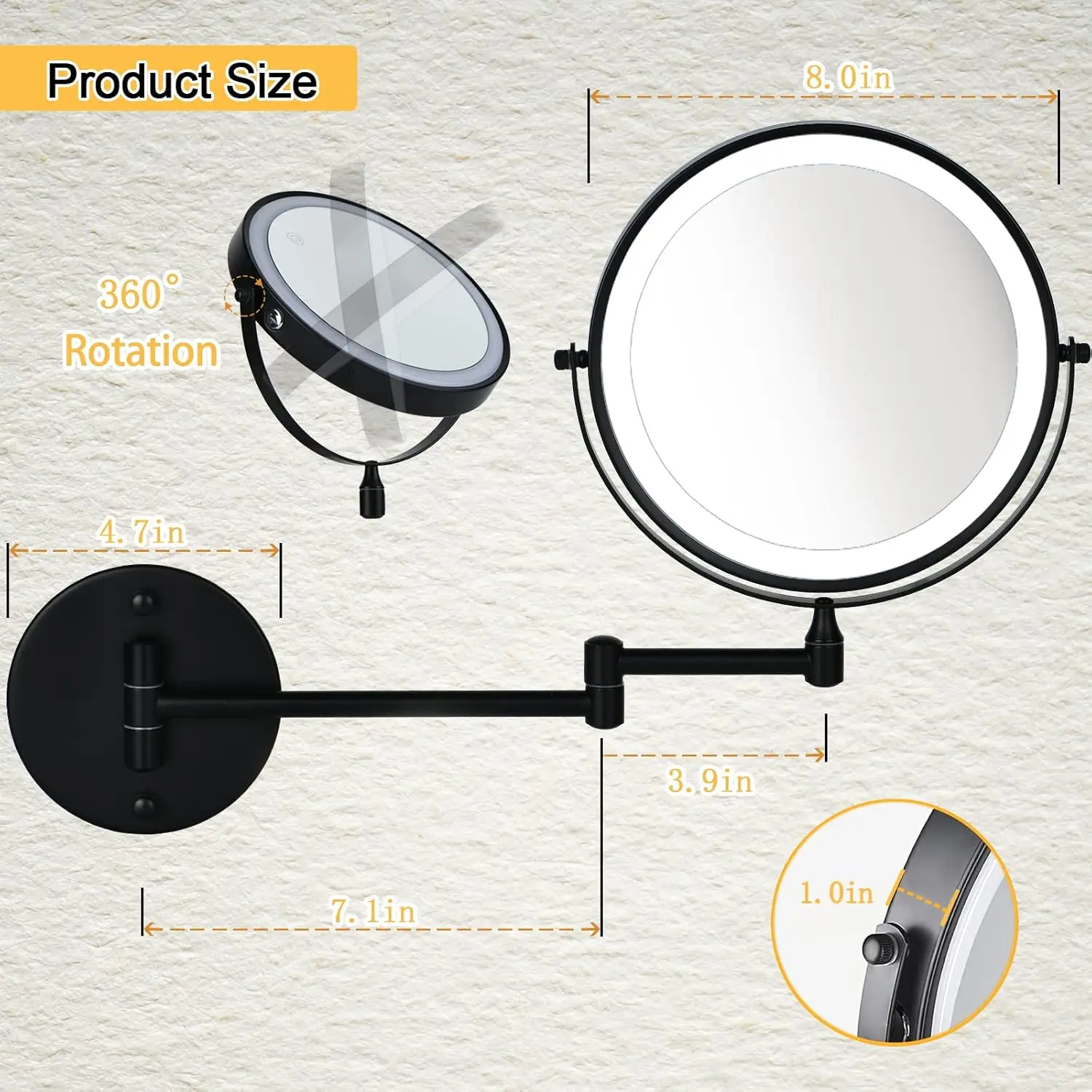 Mounted Lighted Makeup Mirror Bathroom Black USB Rechargeable Model 8" 1X/10/ Magnifying Cosmetic Mirror with 3 Color Modes，Ex