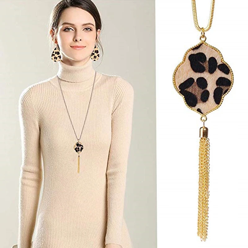 10 Pcs Leopard Jewelry Set For Women Leopard Earrings Leopard Leather Bracelet Acrylic Hoop Drop Dangle Earrings Long Tassel Leo