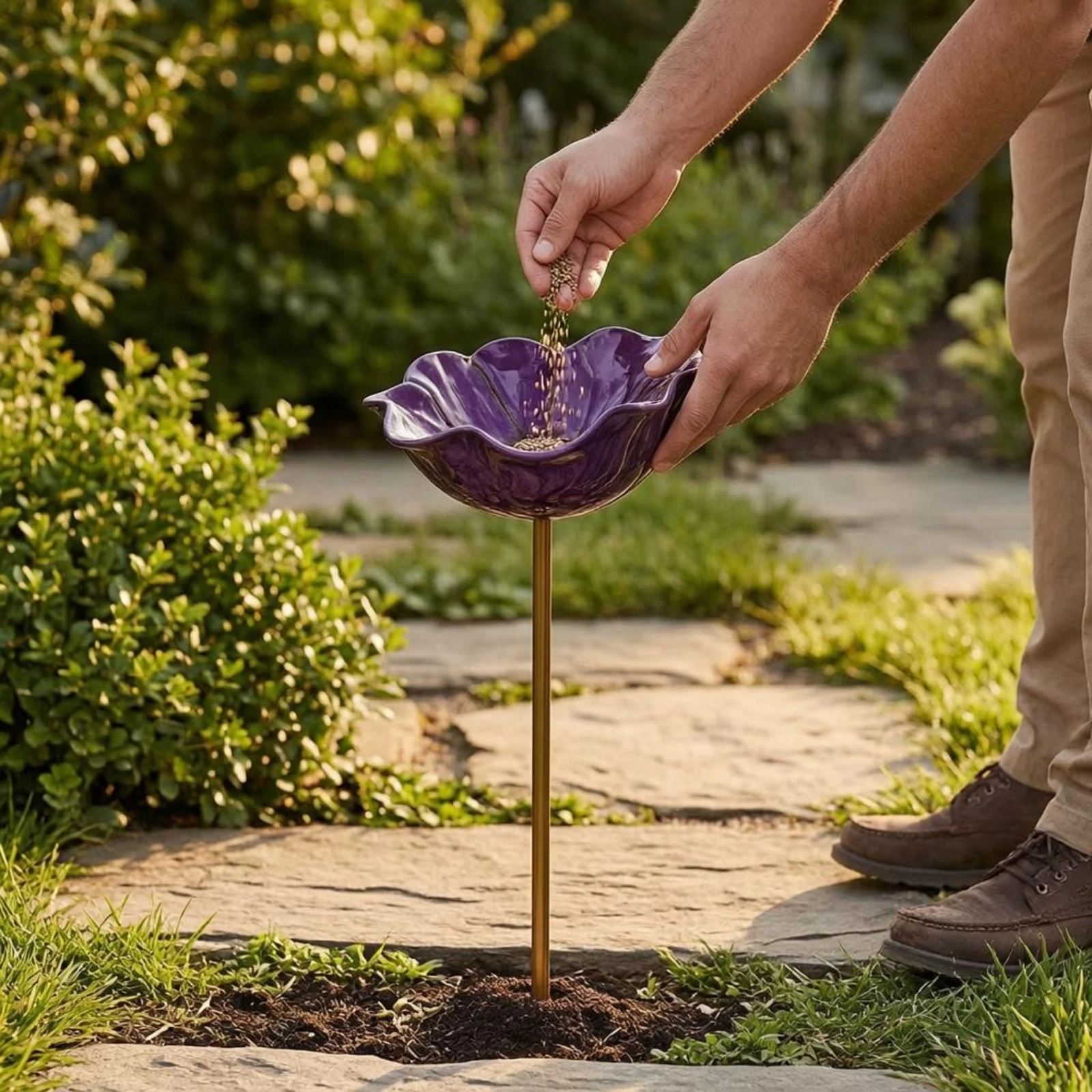 Flower Bowl Stake Outdoor Metal Flower Stake Garden Decor Weather-Resistant