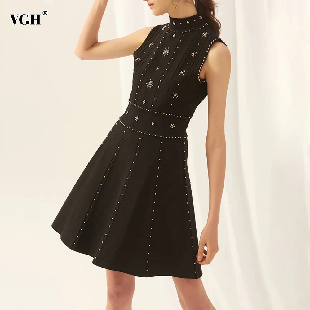 

VGH Patchwork Embroidered Flares Dresses For Women Round Neck Sleeveless High Waist Mini Summer Dress Female Fashion 2024 Summer