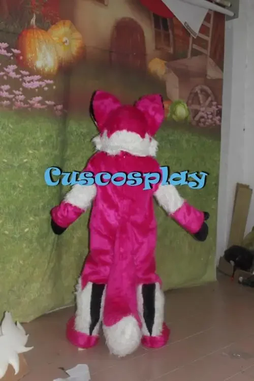 Pink Red Long Fur Furry Fox Wolf Husky Dog Mascot Costume Fursuit Adult Cartoon Annual Celebration Amusement Park