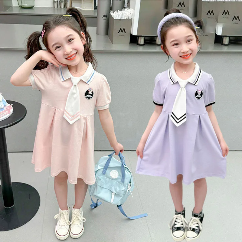 Anime Sanrios Short Sleeve Dress Cute My Melody Kuromi Girls Preppy Skirt Sweet Fashion Princess Dress Summer Child Clothes Gift