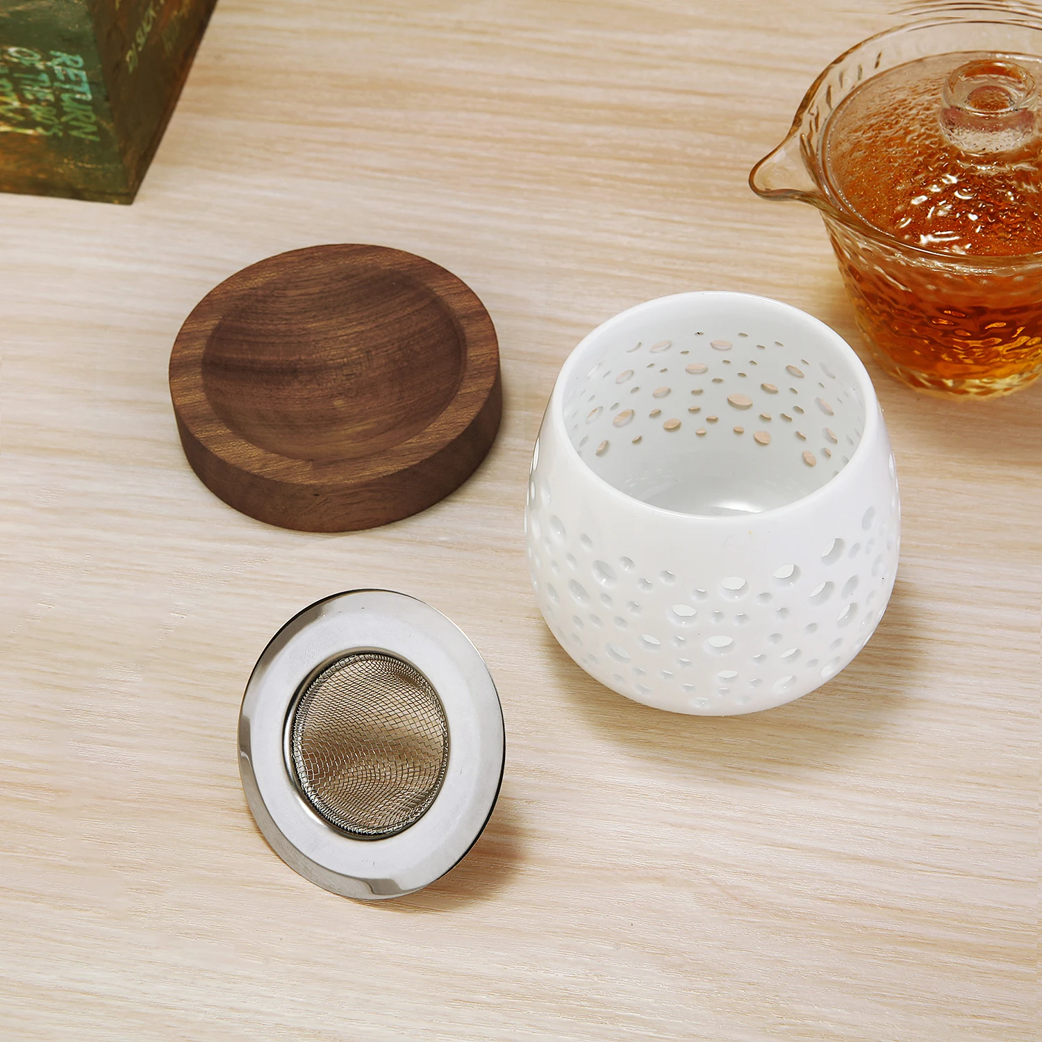 Keramik-Kerzenhalter, Aromatherapie-Heizhalter für Kräuter, Aromatherapie-Räuchergefäß mit Holzsockel für Yoga SPA – Detail 7