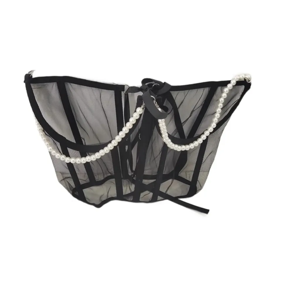 Slimming Pearl Chain Mesh Cummerbunds Transparent Bustiers Tied Female Waistband Dress Girdle Strap Wide Waist Belt Dress