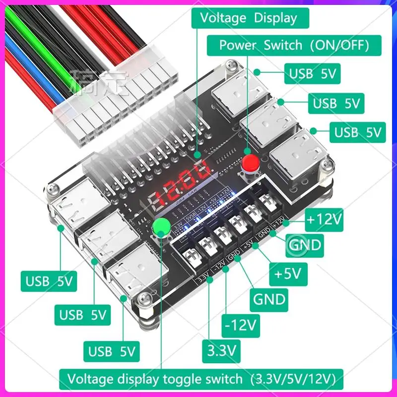 

AP-ATX Power Supply Breakout Board With Acrylic Case 3.3V, 5V, 12V, -12V Output Voltage And 12 Ports USB, 3A Maximum Output