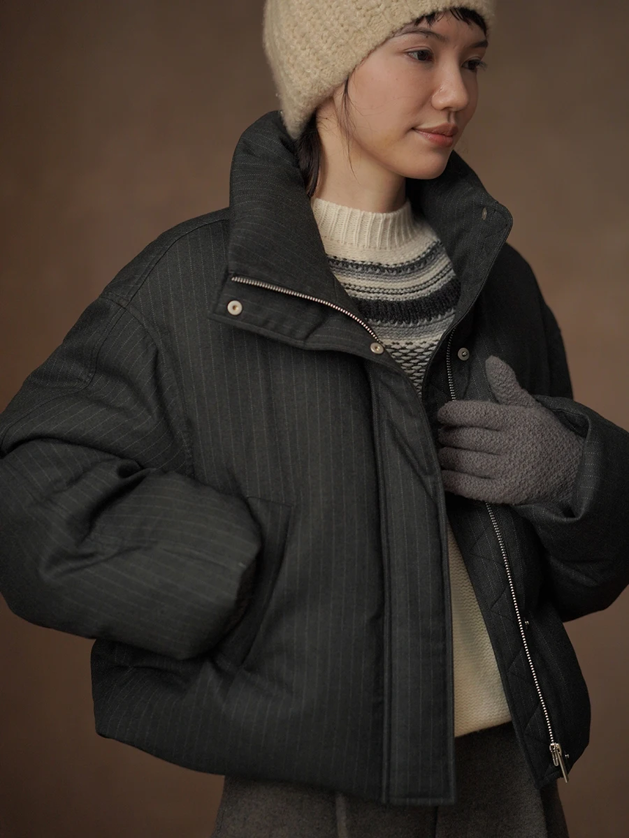 

Hacikis Miss Castle ey Stripe Thin Wool Stand Collar Silhouette Commute Slimming New National Stand 90 White Du down J...