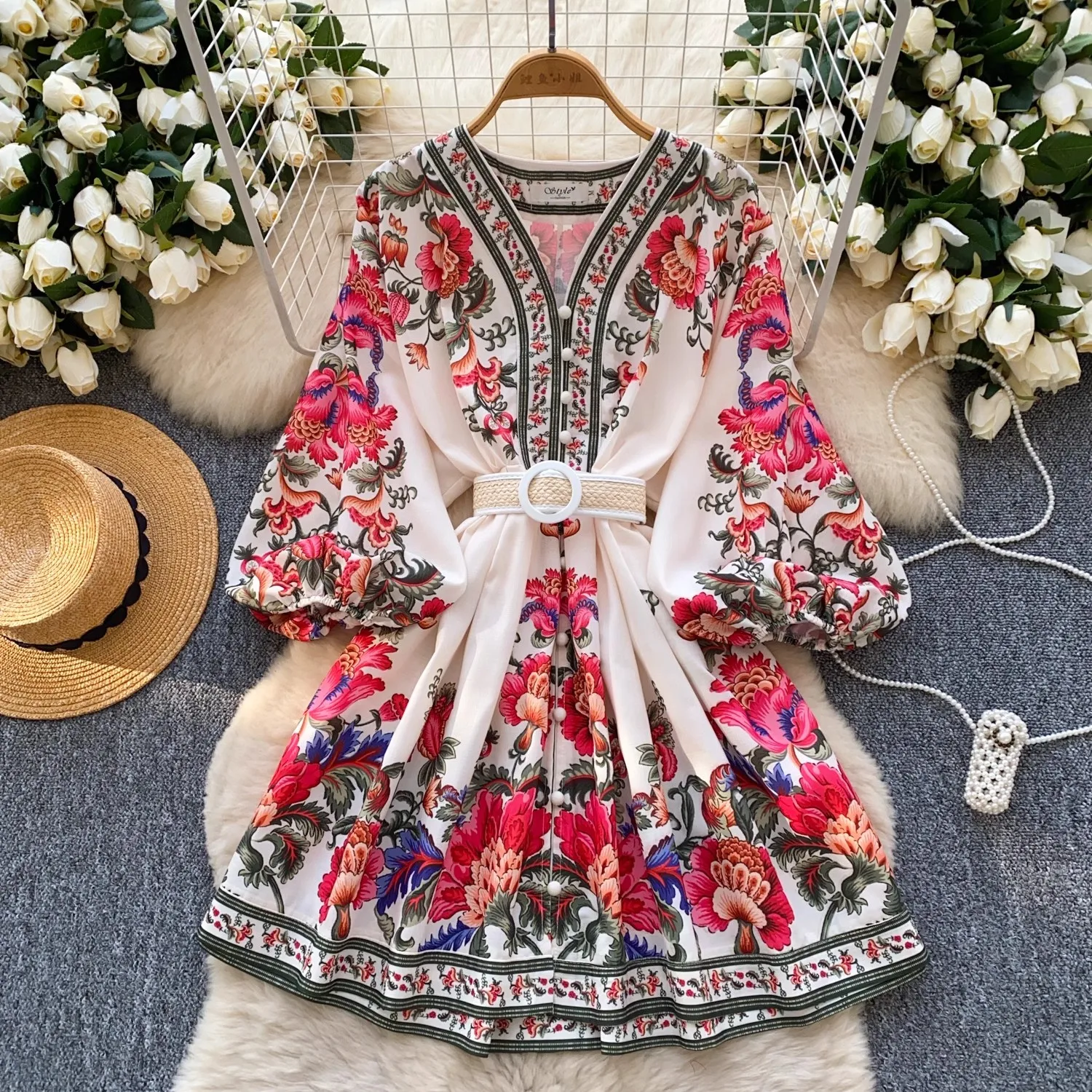 

2025 Spring Summer Vintage Print Women Dress Runway V-Neck Long Lantern Sleeve Single Breasted Belt Holiday Party Mini Vestidos